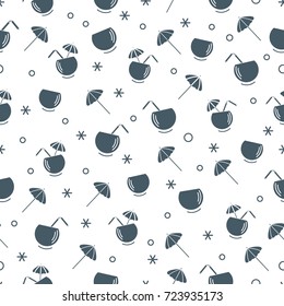 Cute seamless pattern with cocktail in half coconut, tube and umbrella. Travel and leisure. Design for banner, poster or print.
