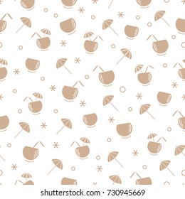 Cute seamless pattern with cocktail in half coconut, tube and umbrella. Travel and leisure. Design for banner, poster or print.