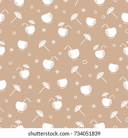 Cute seamless pattern with cocktail in half coconut, tube and umbrella. Travel and leisure. Design for banner, poster or print.