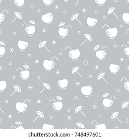 Cute seamless pattern with cocktail in half coconut, tube and umbrella. Travel and leisure. Design for banner, poster or print.