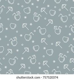 Cute seamless pattern with cocktail in half coconut, tube and umbrella. Travel and leisure. Design for banner, poster or print.