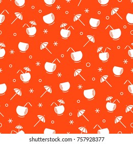 Cute seamless pattern with cocktail in half coconut, tube and umbrella. Travel and leisure. Design for banner, poster or print.