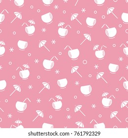 Cute seamless pattern with cocktail in half coconut, tube and umbrella. Travel and leisure. Design for banner, poster or print.