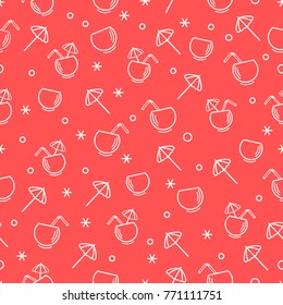 Cute seamless pattern with cocktail in half coconut, tube and umbrella. Travel and leisure. Design for banner, poster or print.