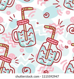 Cute seamless pattern with cocktails in bottle with straw and abstract background with waves, zig zags, shapes, and doodles. Hand drawn tile art design for background, endless texture