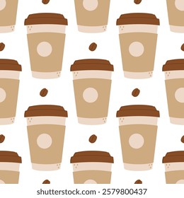 A cute seamless pattern with coffee beans and a hot drink in disposable plastic cup. Caffeine beverage print. Background, wallpaper, wrapping paper, notebook, cover, fabric, textile template.