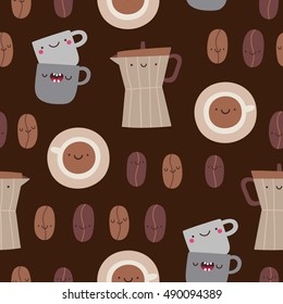 Cute seamless pattern with Coffee beans, pots and cups. Cute Coffee texture in cartoon style.