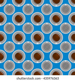 Cute seamless pattern with coffee cup on blue background