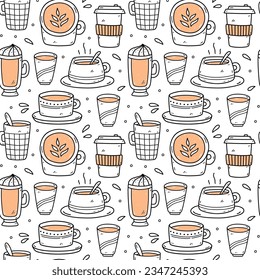 Patrón perfecto con tazas de café - americano, capuchino, mocha, latte. Ilustración de vectores dibujada a mano en estilo doodle. Perfecto para imprimir, menú, papel envolvente, papel pintado, varios diseños.