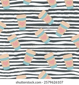 Cute seamless pattern with coffee cups - americano, cappuccino, mocha, latte. Vector hand-drawn illustration in doodle style. Perfect for print, menu, wrapping paper, wallpaper, various designs.