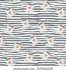 Cute seamless pattern with coffee cups - americano, cappuccino, mocha, latte. Vector hand-drawn illustration in doodle style. Perfect for print, menu, wrapping paper, wallpaper, various designs.