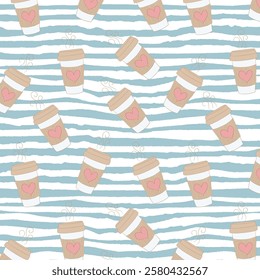 Cute seamless pattern with coffee cups - americano, cappuccino, mocha, latte. Vector hand-drawn illustration in doodle style. Perfect for print, menu, wrapping paper, wallpaper, various designs.