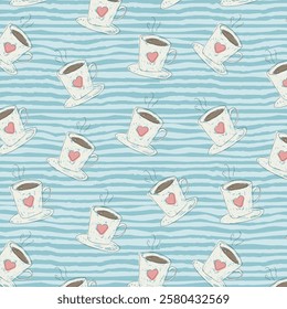 Cute seamless pattern with coffee cups - americano, cappuccino, mocha, latte. Vector hand-drawn illustration in doodle style. Perfect for print, menu, wrapping paper, wallpaper, various designs.