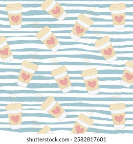 Cute seamless pattern with coffee cups - americano, cappuccino, mocha, latte. Vector hand-drawn illustration in doodle style. Perfect for print, menu, wrapping paper, wallpaper, various designs.