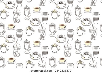 Padrão perfeito bonito de bebidas de café. Padrão linear de bebidas de café com leite, macchiato, cappuccino, café. Gráficos de café ou bar. Ilustrações vetoriais.