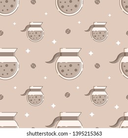 Cute seamless pattern with coffee pots half full with bubbling drink, coffee beand and sparkling stars. Brown background. Flat linear style illustration. Vector.