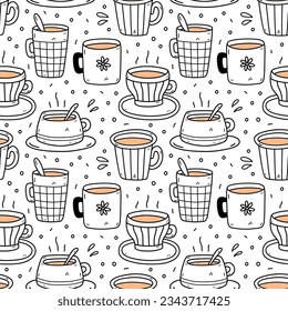 Patrón perfecto con tazas de café y té. Ilustración de vectores dibujada a mano en estilo doodle. Perfecto para imprimir, menú, papel envolvente, papel pintado, varios diseños.