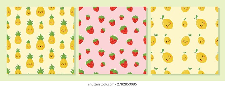 A cute seamless pattern collection featuring colorful pineapple, strawberry, and lemon fruit illustrations on soft pastel backgrounds. Perfect for summer designs, textile prints, wrapping paper, packaging, wallpaper, and digital backgrounds.