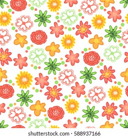 Cute seamless pattern with color flowers on a white background. 