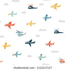 Cute seamless pattern with color planes and helicopters