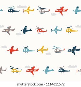 Cute seamless pattern with color planes and helicopters