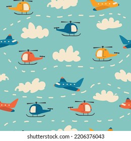 Cute seamless pattern with color planes and helicopters. Vector illustration. 