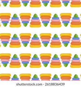 Cute seamless pattern with colored children's toys, pyramids on white background. Vector illustration.