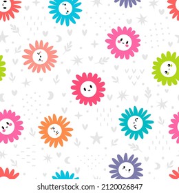 Cute seamless pattern with colored daisies. Floral print with chamomile. Great for fabric, wrapping paper, textile. Vector illustration