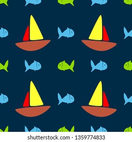 Cute seamless pattern with colored fish and sailboats. Beach print for children. Simple vector illustration.
