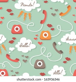 Cute seamless pattern with colored retro phones in vector