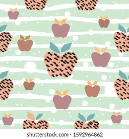 Cute Seamless Pattern with colorful apples on paper background with stripes. Hand Drawn. vector Illustration.