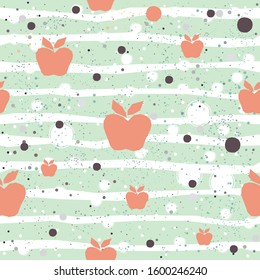 Cute Seamless Pattern with colorful apples on background with stripes. Hand Drawn. vector Illustration.