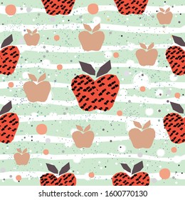 Cute Seamless Pattern with colorful apples on paper background with stripes. Hand Drawn. vector Illustration.
