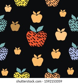Cute Seamless Pattern with colorful ball on black background with stripes. Hand Drawn. Vector Illustration.