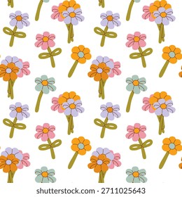 Padrão perfeito bonito com flores coloridas de balão no fundo branco. Design para têxteis, papel de embrulho, decoração infantil, branding e projetos de primavera.