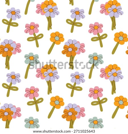 Cute seamless pattern with colorful balloon flowers on white background. Design for textiles, wrapping paper, kids decor, branding and spring projects.