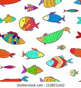 Cute seamless pattern with colorful cartoon decorated fishes. Doodle hand drawn bright aquarium fish texture for kids textile, swimwear, wrapping paper, background, surface