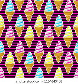 cute seamless pattern of colorful cartoon ice cream on a striped background. vector illustration