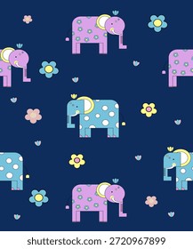 Lindo patrón sin fisuras con coloridos elefantes de dibujos animados y Pequeñas flores sobre un fondo azul oscuro. Ilustración plana juguetona en un estilo caprichoso de los niños. Perfecto para el diseño de la guardería, tela de los niños, productos del bebé, Fondo de pantalla, papel de embalaje, impresión textil y diseño de patrones de superficie.