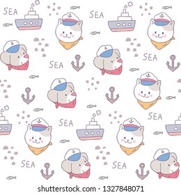 Cute seamless pattern colorful cat and dog and sea vector.