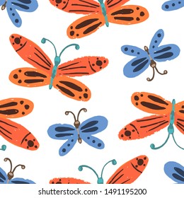 Cute seamless pattern with colorful childish red and blue butterflies. Naive floral texture with bright orange and indigo moth insects for kids textile, wrapping paper, background, surface, wallpaper