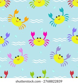 Cute seamless pattern with colorful crab and waves. Design for banner, poster or print, fabric, website backdrop, wallpaper, neoteric vector background.