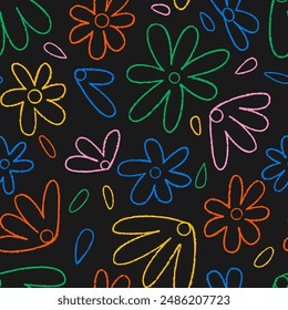 Cute seamless pattern with colorful crayon daisy flowers. Vector outline background with charcoal floral doodles