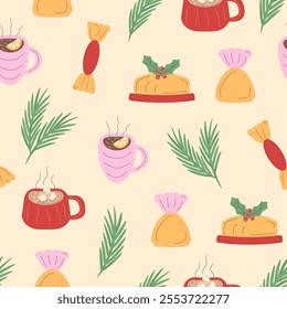 Cute seamless pattern with colorful delicious candies, tea and cocoa mugs, Christmas pie with holly berries, and festive pine branches in warm pastel shades