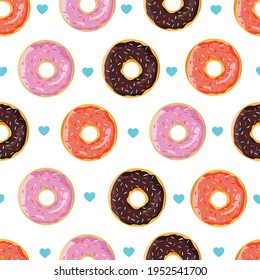 Cute seamless pattern with colorful donuts. Doughnuts with pink, chocolate and orange glaze. Vector Illustration