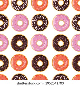 Cute seamless pattern with colorful donuts. Doughnuts with pink, chocolate and orange glaze. Vector Illustration