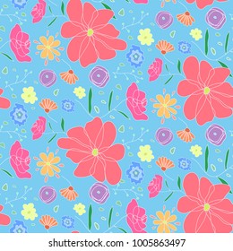 Cute seamless pattern with colorful doodle flowers. Floral texture with big pink flower on blue sky background for textile, bedclothing, wrapping paper, wallpaper, cover, underwear