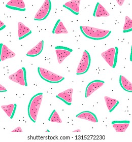 Cute seamless pattern with colorful doodle watermelon slices and seeds.