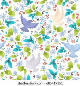 Cute seamless pattern with colorful doves, flowers on white background for wedding cards design cincept. Vector floral background with colored birds for wallpaper. Vector illustration for wedding card
