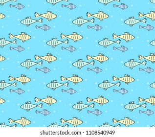 Cute seamless pattern with colorful fish. Soft colors. Blue background. Vector illustration. 